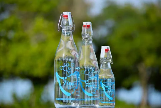 Fine Dew reusable glass water bottles in a lush garden